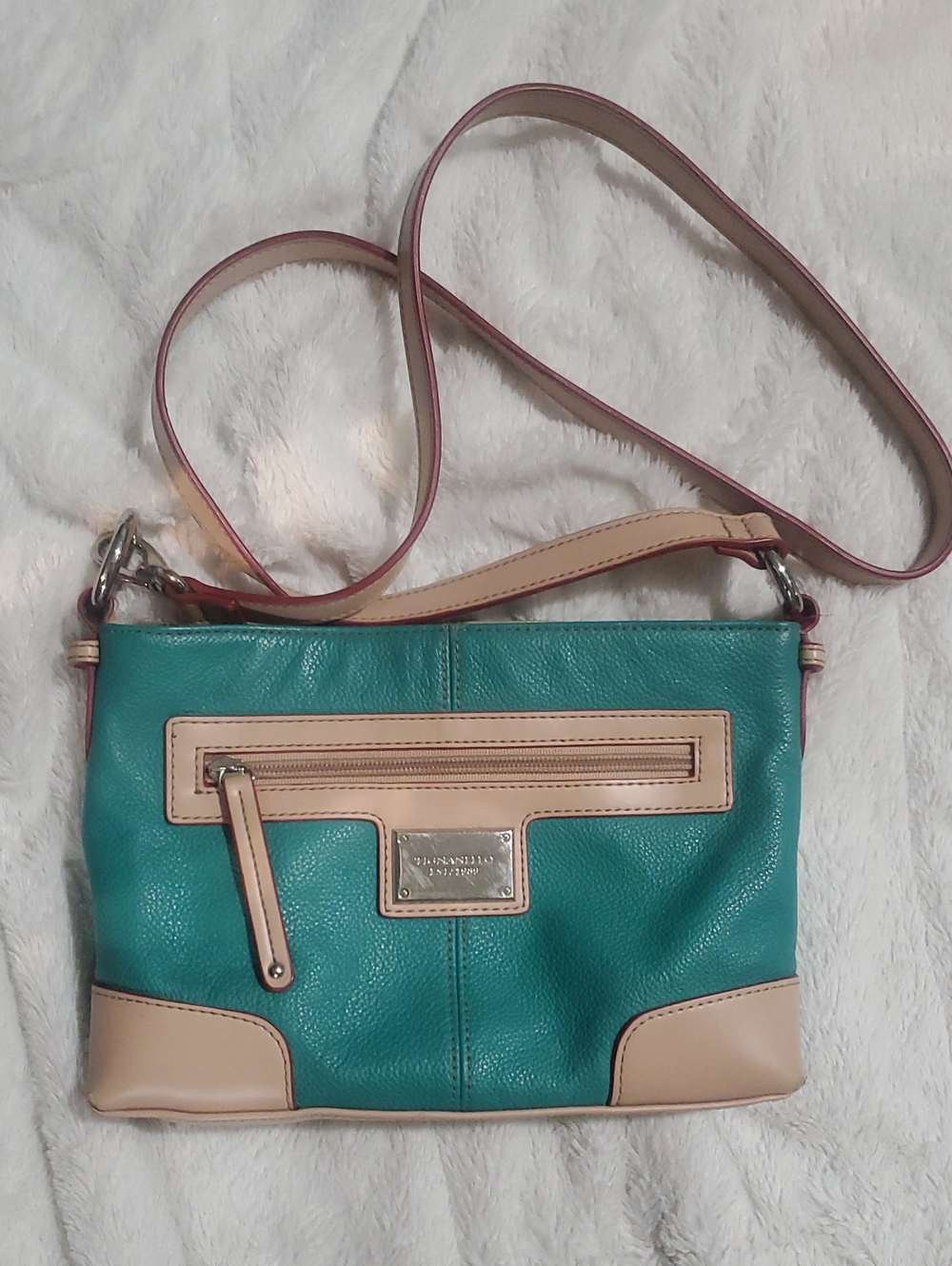 Tignanello Teal and Beige Leather Crossbody Bag